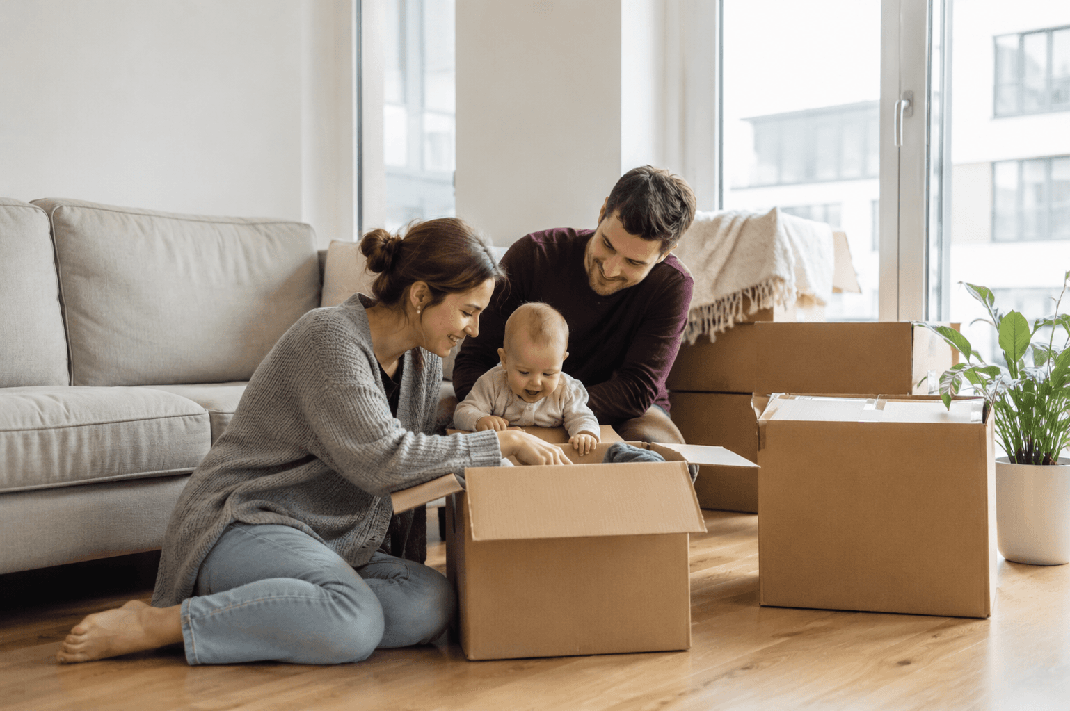 Une famille déballe ses cartons dans son nouveau logement